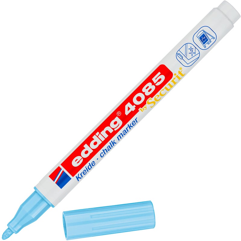 edding 4085 chalk marker - pastel-blue - 1 chalk pen - round nib 1-2 mm - fine-nib wet wipe pen for chalkboards, windows, glass, mirrors - liquid chalk marker pens for opaque coverage - Image 1